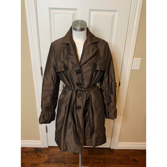 Elie Tahari Long Brown Belted Trench Medium Weight Button-Up Coat